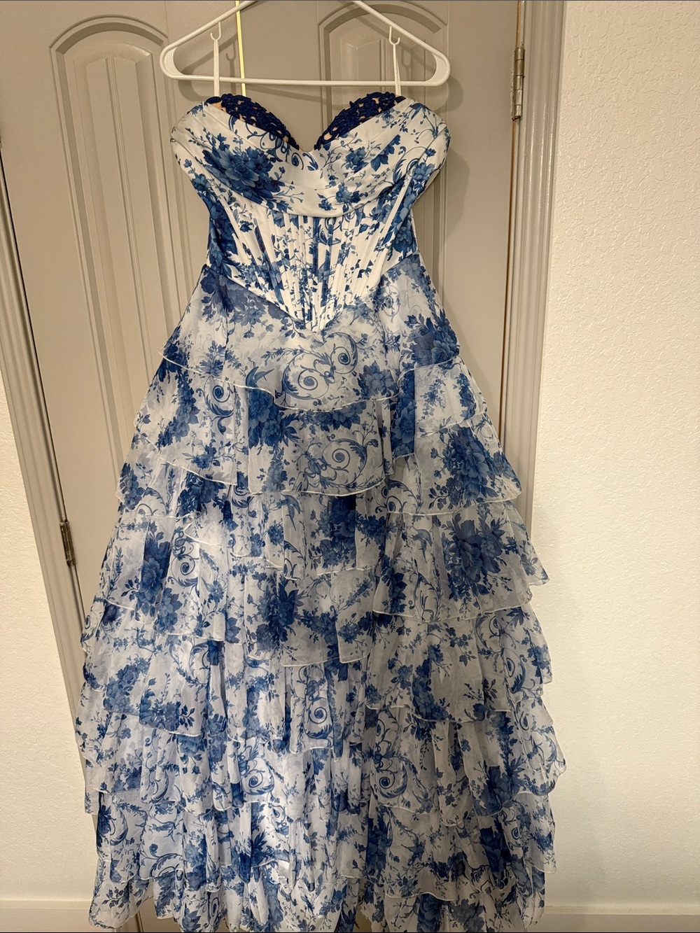 Strapless Blue & White Floral Prom Dress